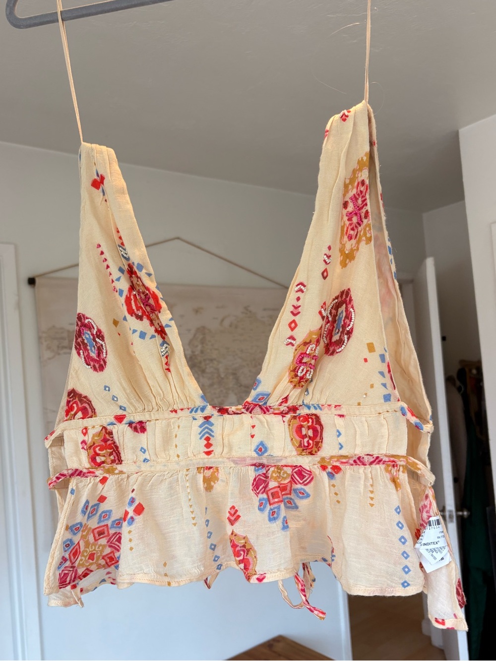 Cream Boho Floral tank with back ties